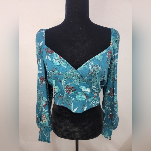 Band of the Free Sybille Deep Teal Floral Wrap Crossover Crop Top Women Medium - Picture 3 of 13